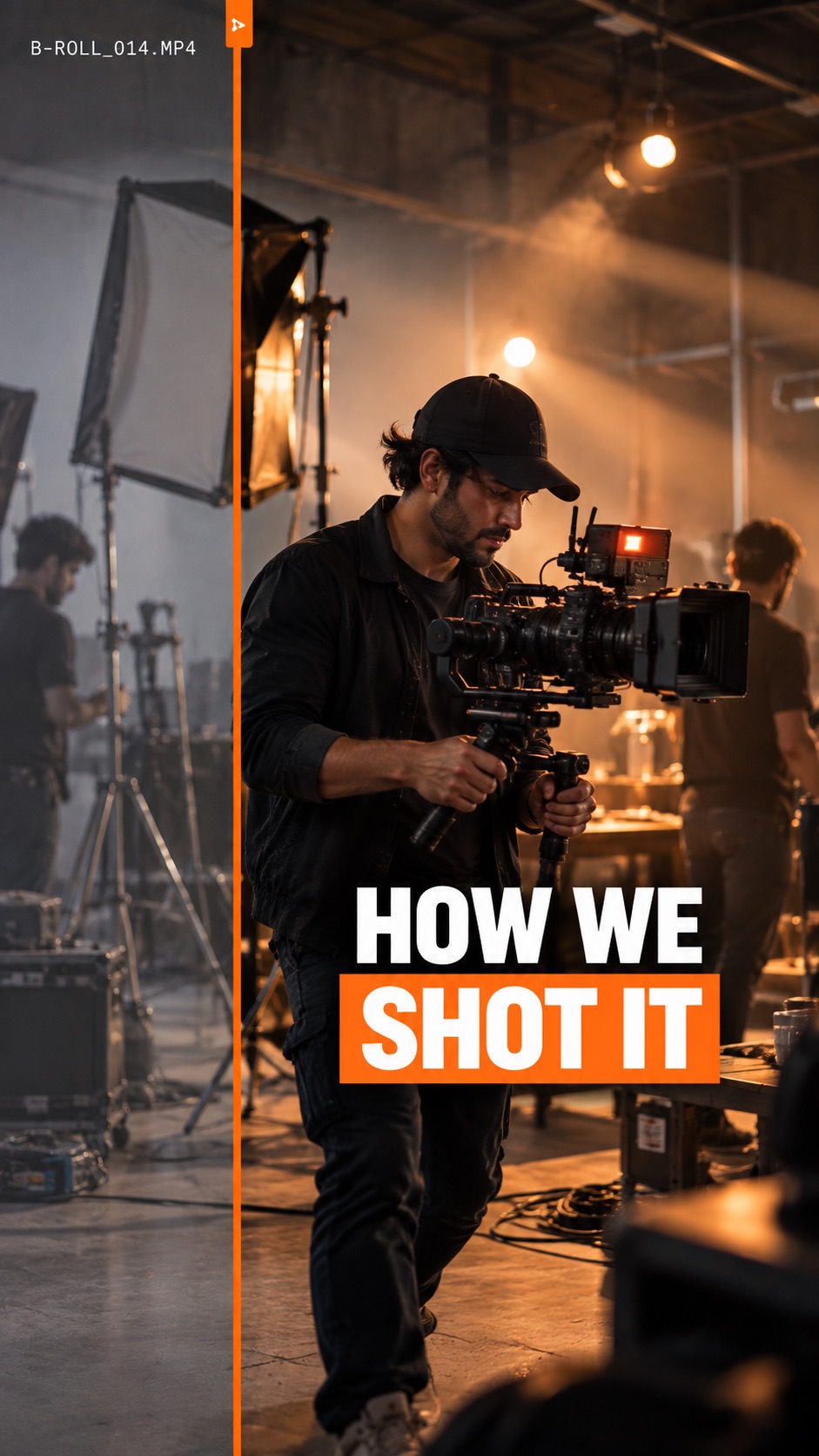 Behind the scenes: raw B-roll beside the finished story frame of a camera operator on set