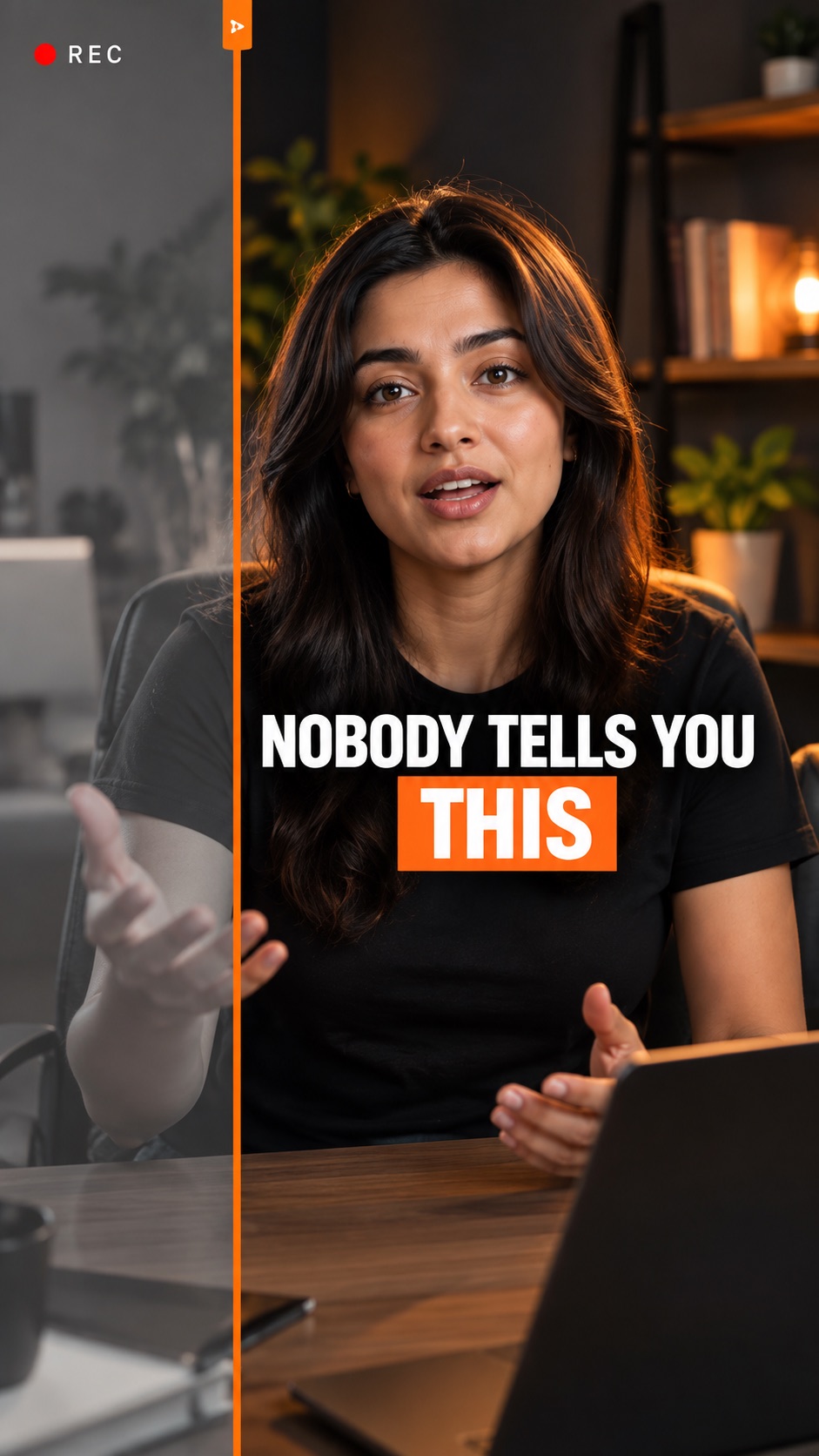 Founder story reel: raw talking-head footage on the left, the finished edit with a bold caption on the right