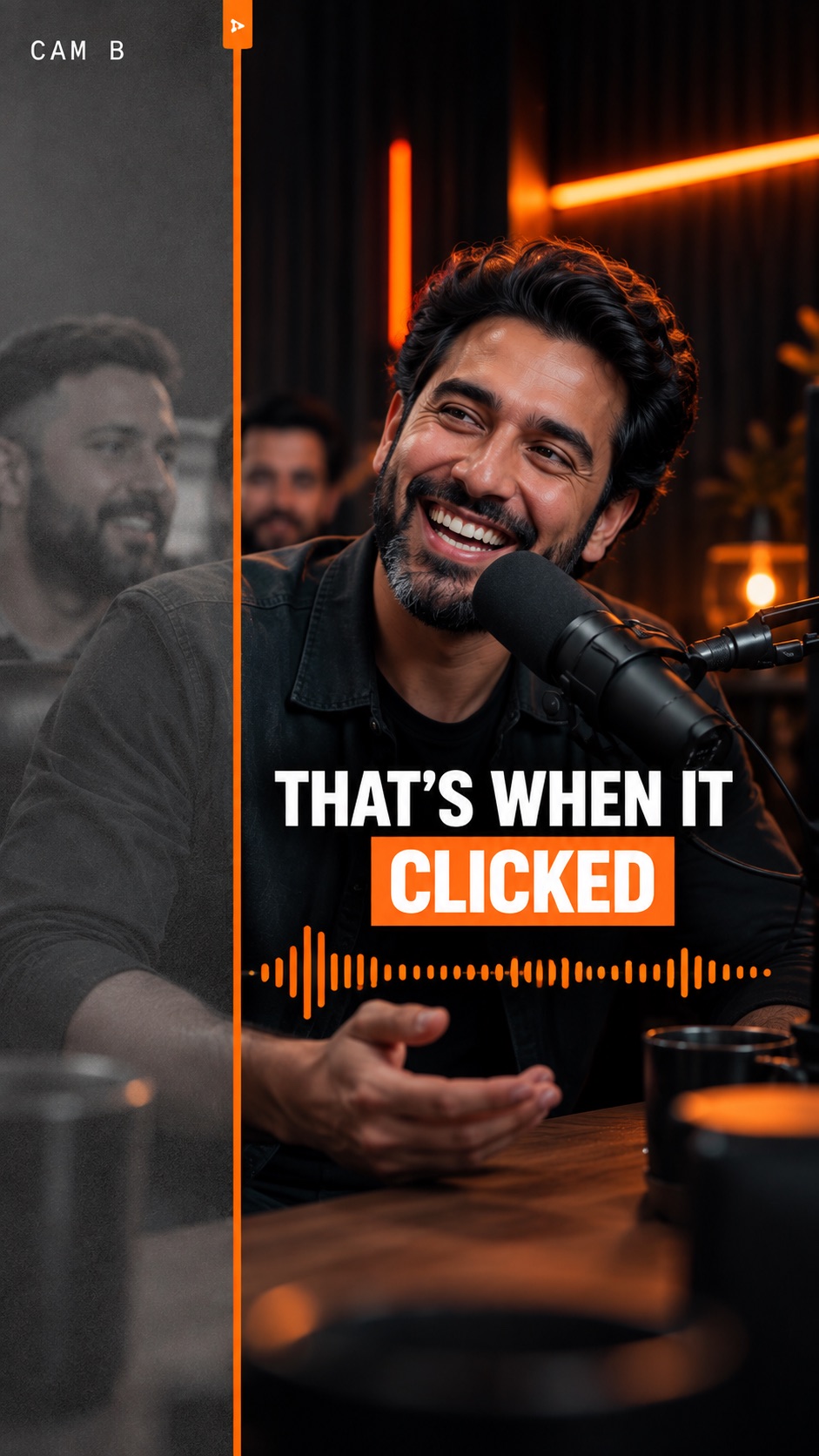 Podcast clip: flat raw camera angle beside the finished vertical clip with captions and waveform