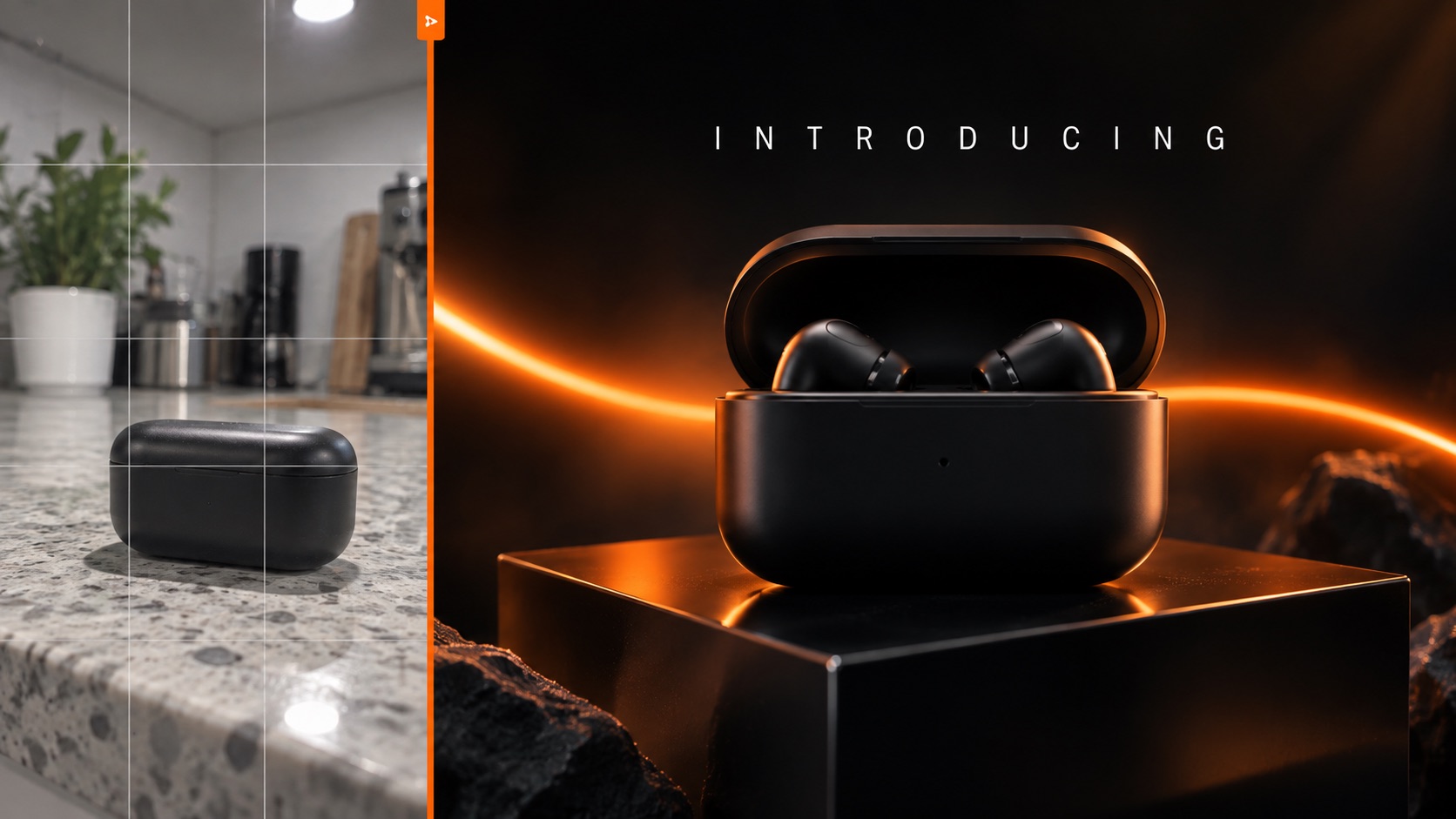 Product launch: earbuds case shot on a kitchen counter beside the cinematic launch-film frame