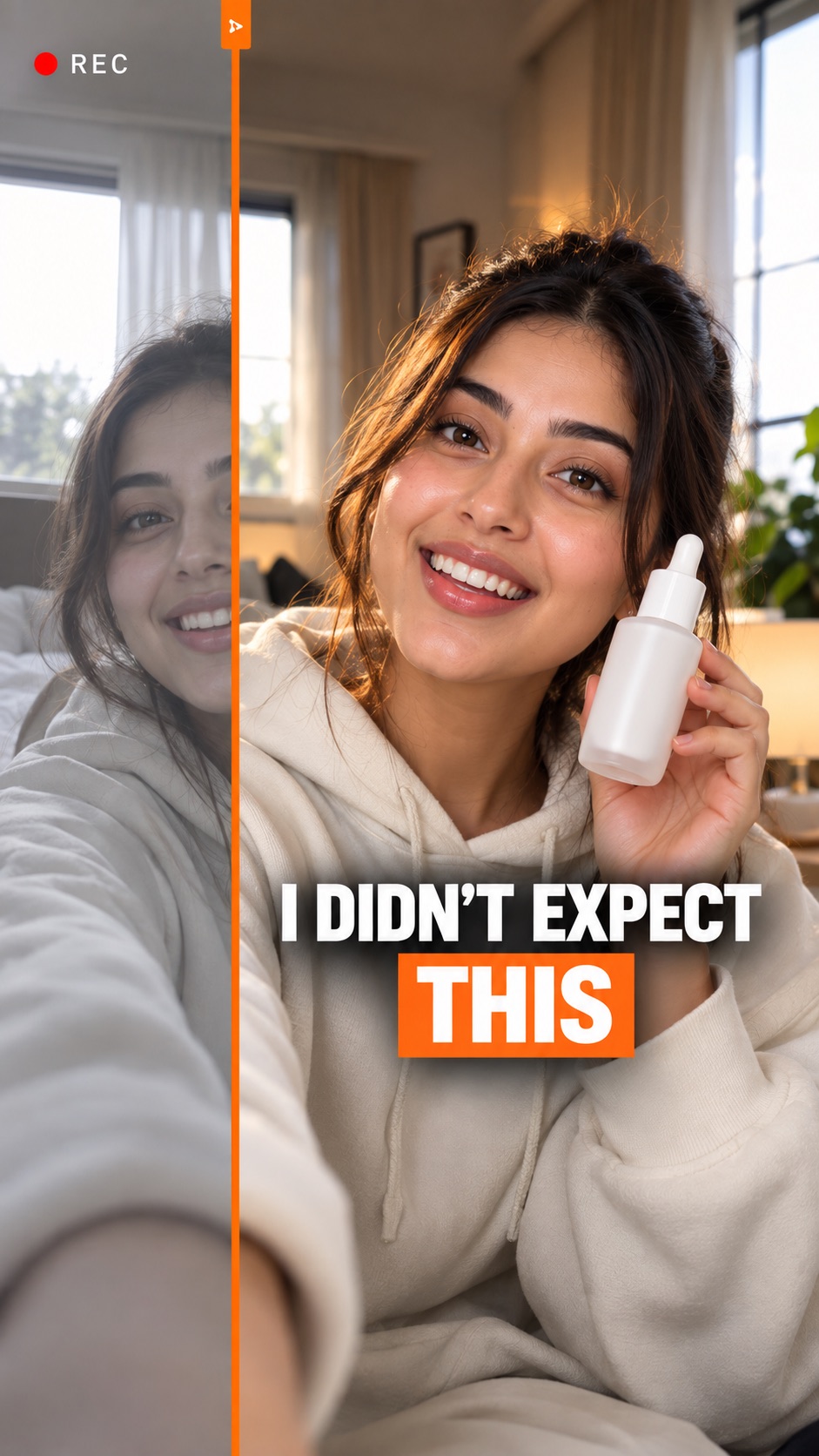 UGC ad: raw selfie video beside the finished paid-ad cut with a hook caption