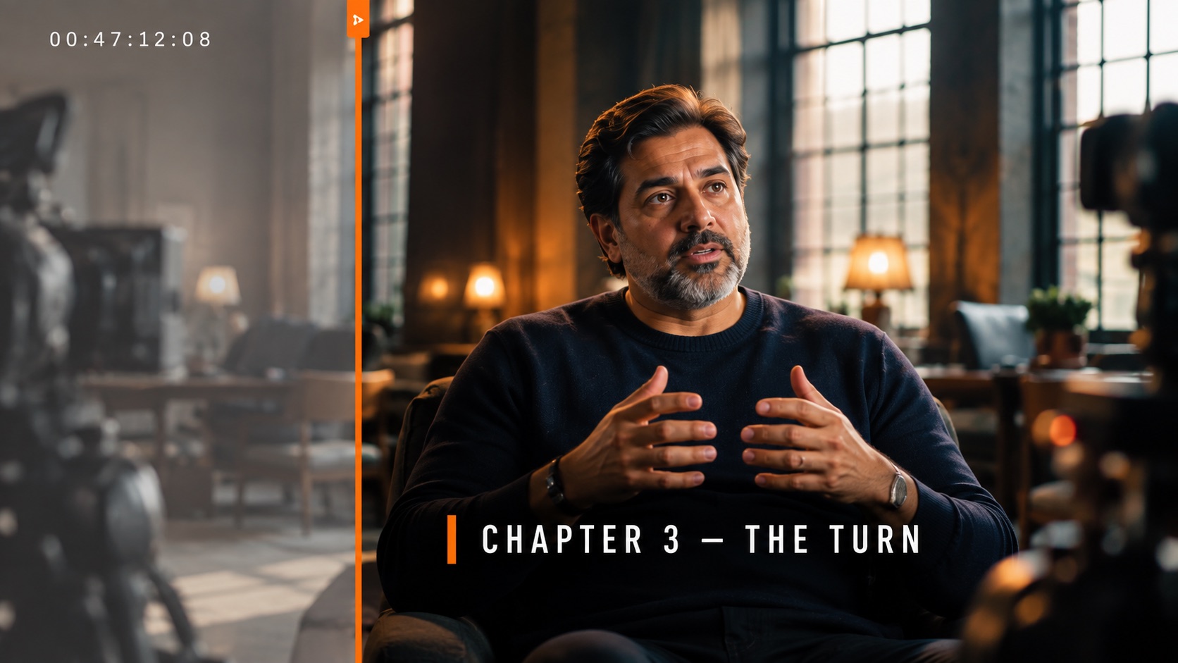 YouTube episode: raw interview footage beside the graded episode frame with a chapter title